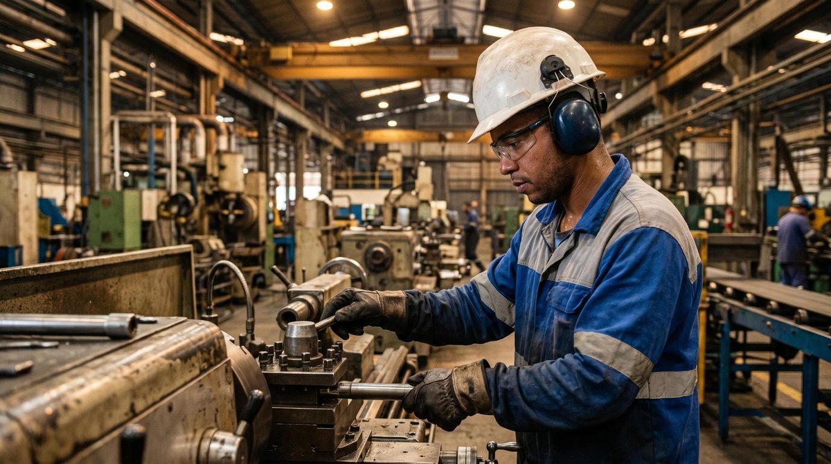Trabalhador industrial brasileiro utilizando capacete de segurança, luvas e protetor auricular em ambiente fabril com máquinas ao fundo, representando