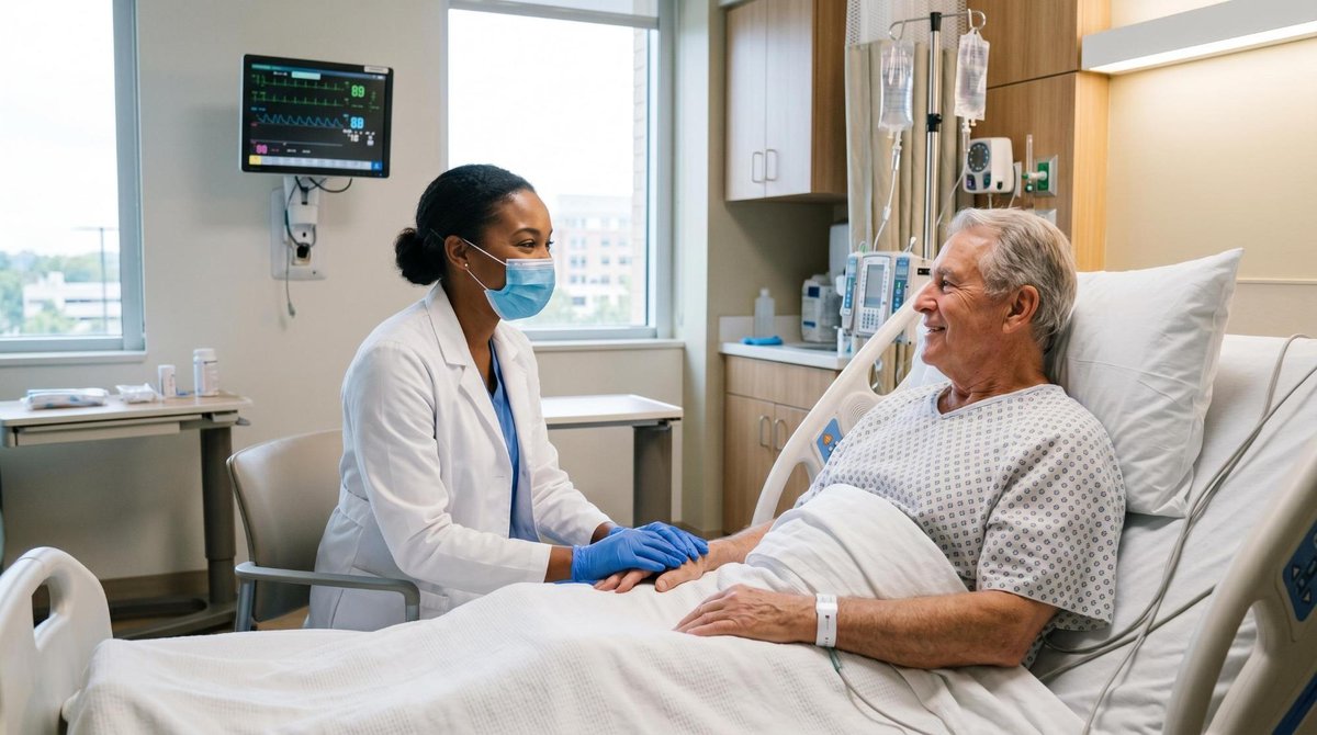 Profissional de saúde vestindo jaleco branco, luvas e máscara em ambiente hospitalar moderno, atendendo paciente, iluminado de forma limpa e profissio