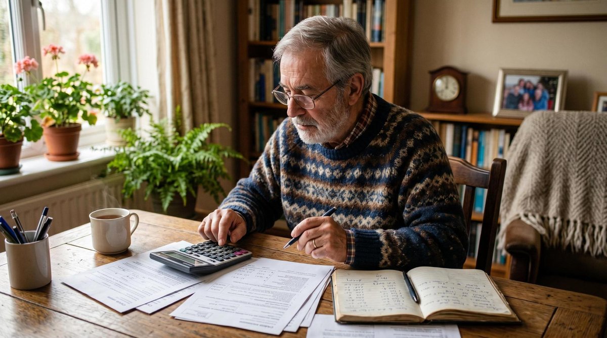 Aposentadoria por idade vs por tempo de contribuição: diferenças, regras e como escolher 2 Homem idoso usando óculos e segurando uma calculadora ao lado de papeis e caneta em uma mesa de madeira aconchegante, representando o cálculo do benef