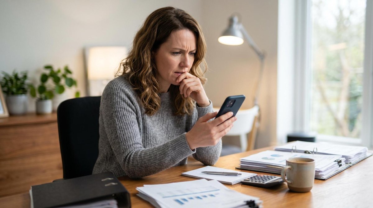 Uma mulher analisa atentamente a fatura do cartão de crédito em seu celular, com expressão de preocupação ao identificar transações desconhecidas, sen