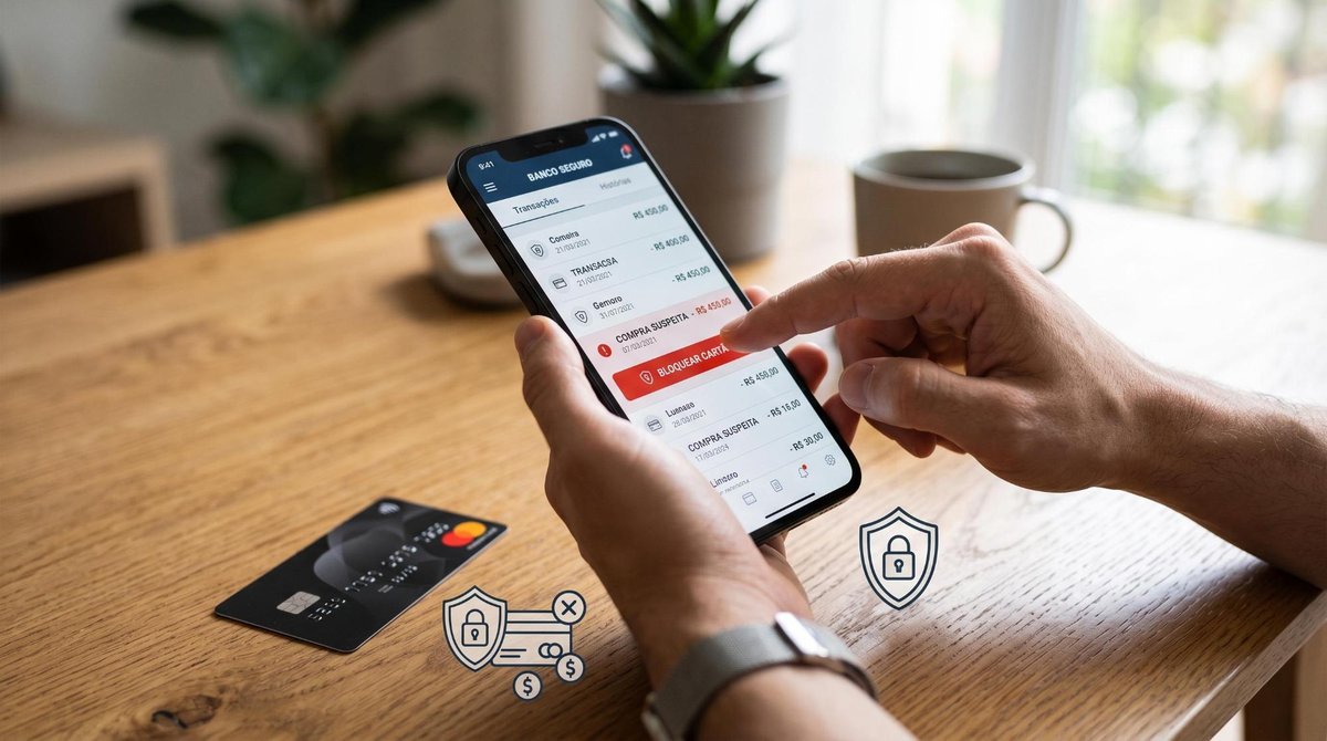 Mãos de uma pessoa interagindo com um aplicativo bancário no smartphone, com o cartão de crédito visível ao lado sobre a mesa e ícones de segurança e