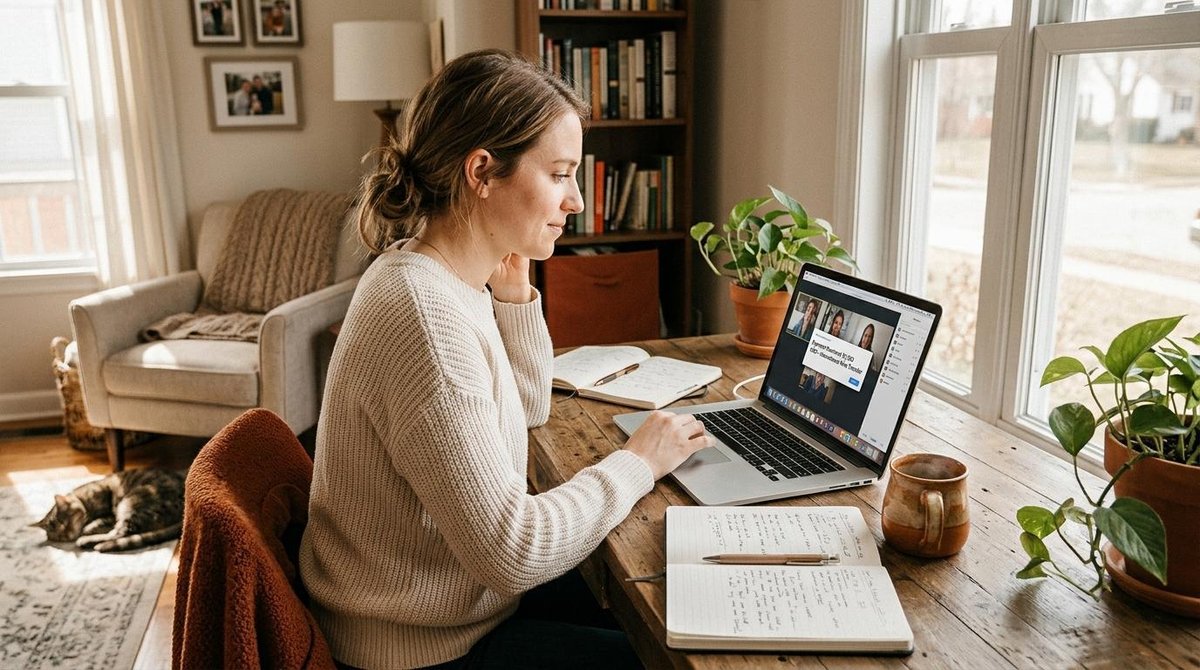 Como declarar renda recebida do exterior no Brasil: guia com cada etapa do processo 3 Pessoa trabalhando remotamente em um laptop em um ambiente doméstico luminoso e aconchegante, com cadernos de anotações e uma xícara de café ao lado,
