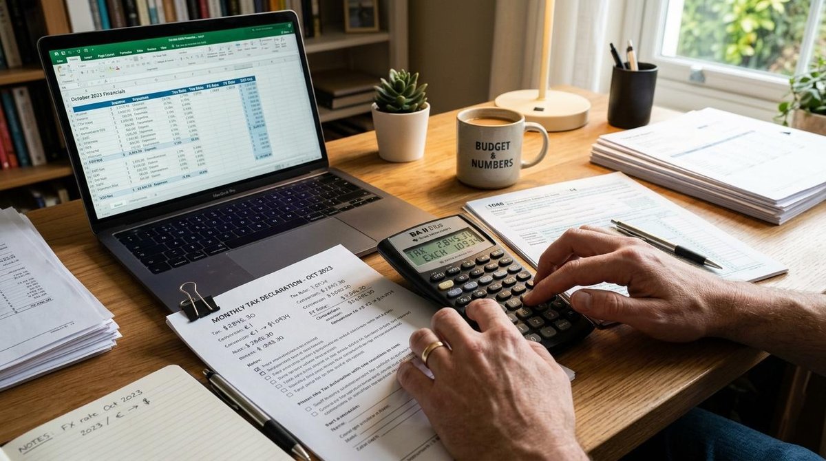 Como declarar renda recebida do exterior no Brasil: guia com cada etapa do processo 4 Mãos digitando em uma calculadora financeira sobre uma mesa de trabalho organizada com planilhas e documentos, representando a apuração mensal de impo