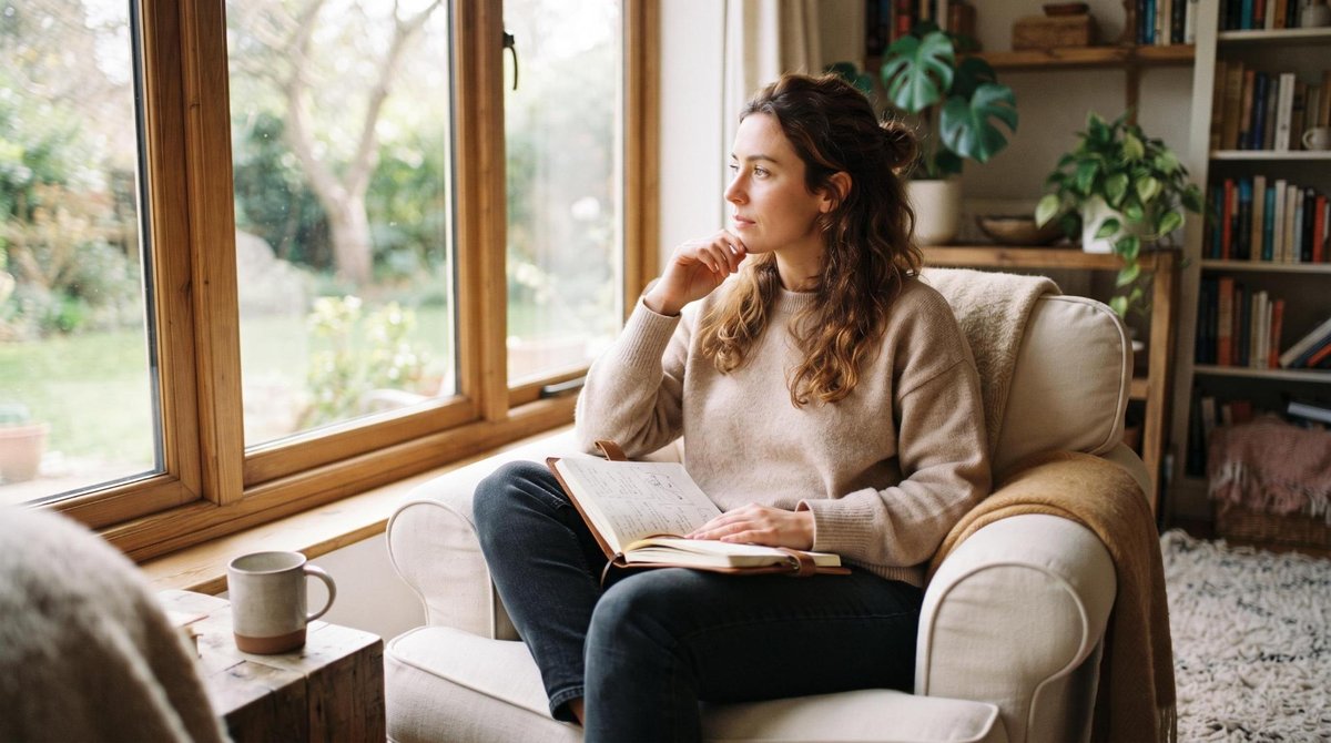 Como definir metas financeiras que motivam de verdade e transformam seus planos em ação 1 Uma mulher jovem em ambiente doméstico aconchegante segurando um caderno de anotações sobre o colo, com expressão pensativa e olhar voltado para a jan