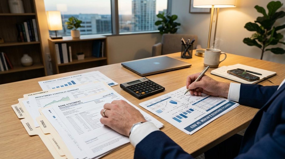 Como definir metas financeiras que motivam de verdade e transformam seus planos em ação 2 Mãos organizando documentos financeiros, extratos e uma calculadora sobre uma mesa de escritório limpa e moderna, com iluminação quente e ambiente pro