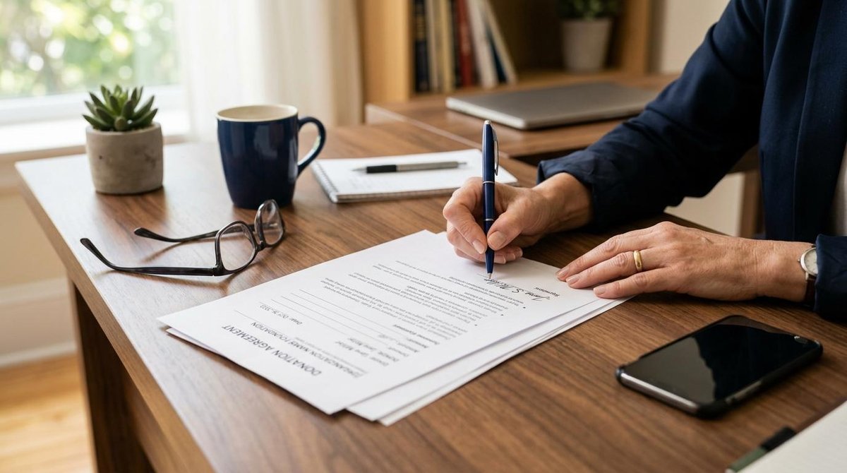 Como doar dinheiro em vida para meus filhos de forma legal e segura 1 Mãos de uma pessoa adulta assinando um documento de doação em uma mesa de escritório organizada, com uma caneta, óculos de leitura e smartphone ao lad
