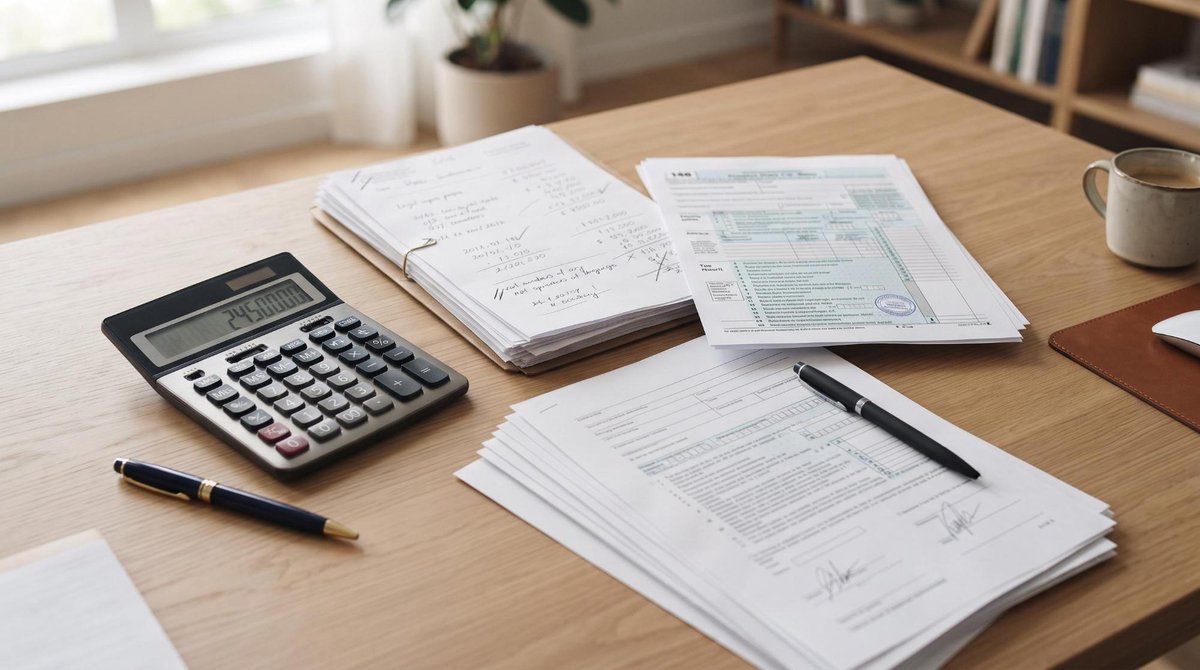 Como doar dinheiro em vida para meus filhos de forma legal e segura 2 Uma calculadora, guia de imposto e documentos oficiais dispostos sobre uma mesa de trabalho, representando o cálculo e recolhimento do ITCMD em uma do