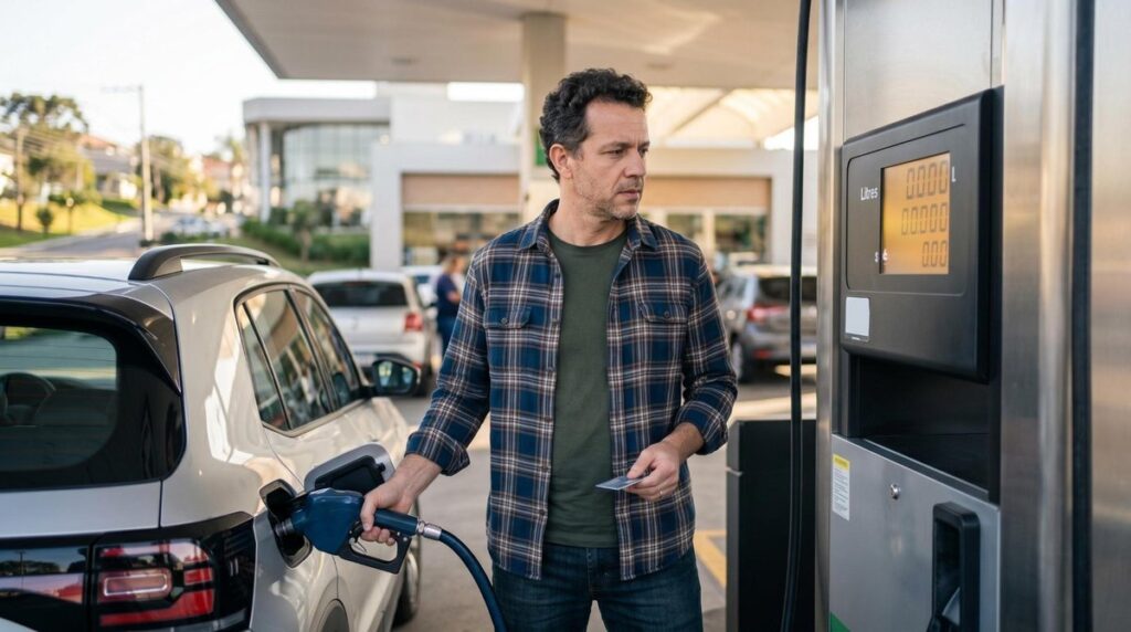 Como economizar combustível no dia a dia: hábitos que fazem diferença no bolso 5 Pessoa abastecendo o carro em um posto de combustível enquanto verifica o painel do veículo para monitorar o consumo
