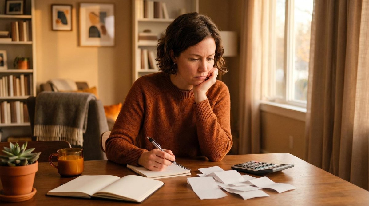 Como economizar combustível no dia a dia: hábitos que fazem diferença no bolso 1 Uma pessoa senta em uma mesa organizada em casa, com recibos de combustível e uma calculadora, analisando despesas mensais com expressão pensativa, em