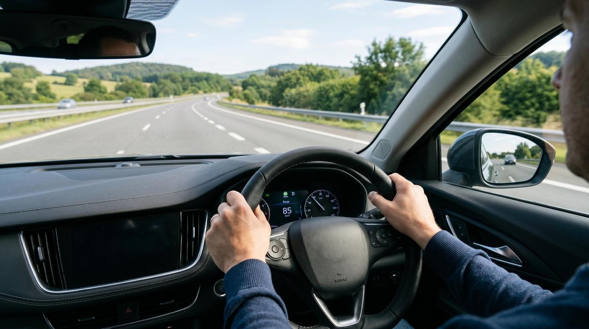 Como economizar combustível no dia a dia: hábitos que fazem diferença no bolso 2 Vista de dentro de um carro moderno, mostrando as mãos de um motorista segurando o volante de forma firme e relaxada, dirigindo em uma estrada asfalta