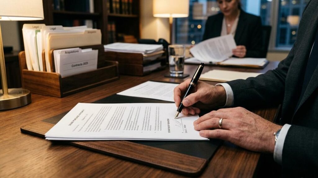 Pessoa assinando documento de testamento em cartório com testemunhas ao lado
