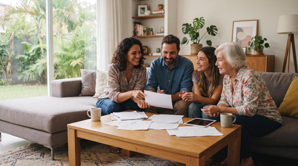 Uma família brasileira reunida em uma sala de estar moderna, conversando de forma acolhedora enquanto revisa documentos sobre uma mesa de centro, com
