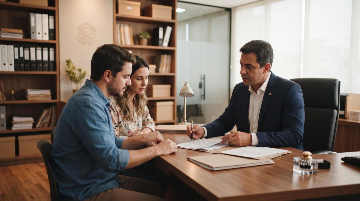 Um tabelião profissional em um cartório brasileiro moderno e organizado, auxiliando um casal com documentos legais sobre uma mesa de trabalho, pratele