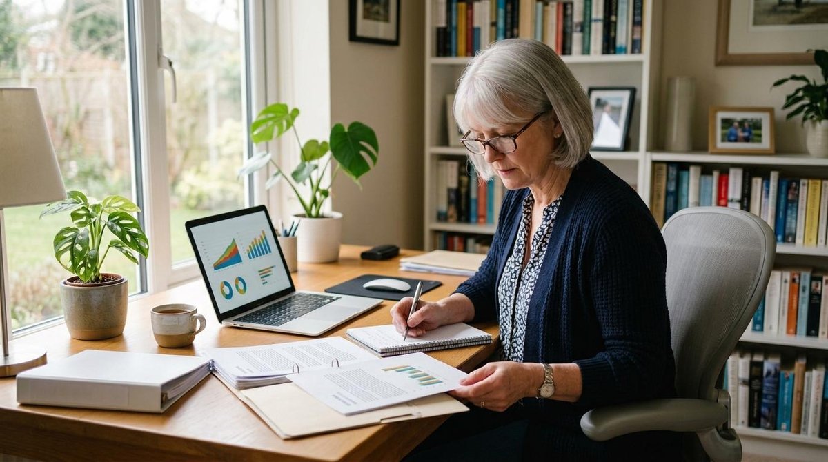 Como funciona a aposentadoria do INSS: regras, tipos e cálculo do benefício 1 Uma mulher madura concentrada analisando documentos e usando um laptop em uma mesa de escritório organizada, simbolizando o planejamento previdenciári