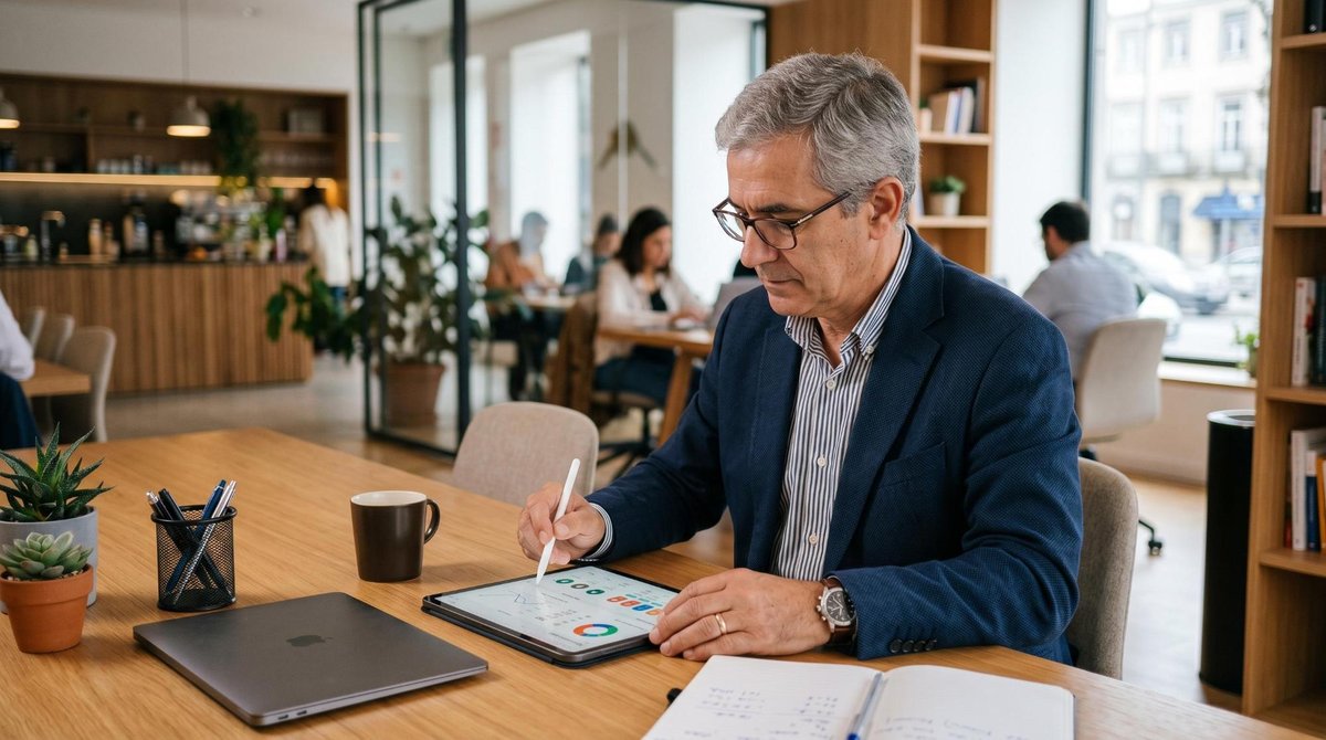 Como funciona a aposentadoria do INSS: regras, tipos e cálculo do benefício 2 Um trabalhador autônomo maduro usando um tablet para gerenciar suas finanças e contribuições em um ambiente de trabalho moderno, transmitindo organiza