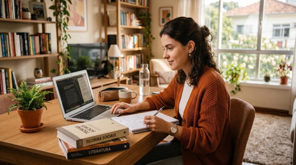 Como ganhar dinheiro extra sendo estudante: ideias práticas para sua rotina 4 Estudante sentado em mesa com notebook aberto pesquisando formas de ganhar dinheiro extra durante a faculdade