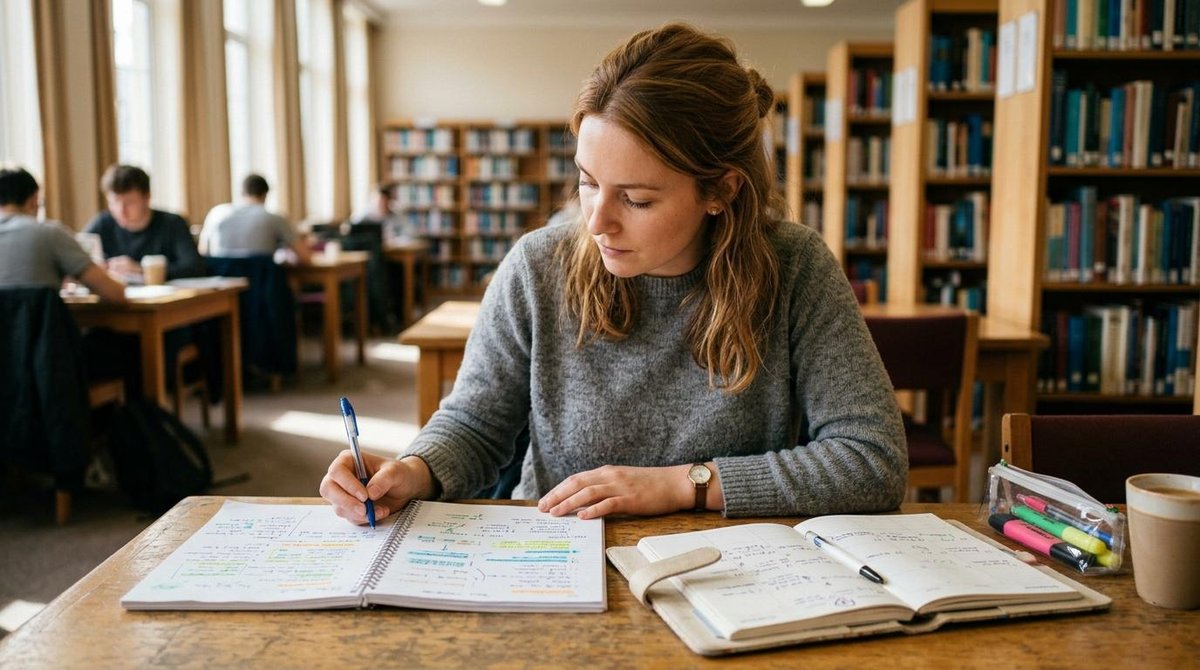 Como ganhar dinheiro extra sendo estudante: ideias práticas para sua rotina 1 Estudante analisa anotações em um caderno aberto sobre uma mesa de biblioteca, com canetas coloridas e agenda visíveis, ambiente acadêmico silencioso