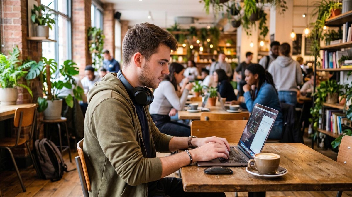 Como ganhar dinheiro extra sendo estudante: ideias práticas para sua rotina 2 Jovem adulto trabalha concentrado em um laptop em uma cafeteria universitária moderna, com fones de ouvido no pescoço e xícara de café ao lado, ambien