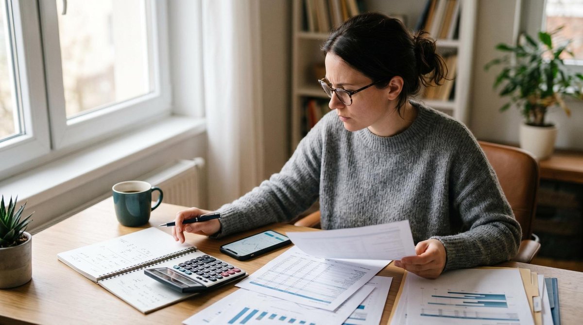 Uma pessoa sentada em uma mesa organizada analisa documentos financeiros e o celular, com anotações e uma calculadora ao lado, luz natural entrando pe