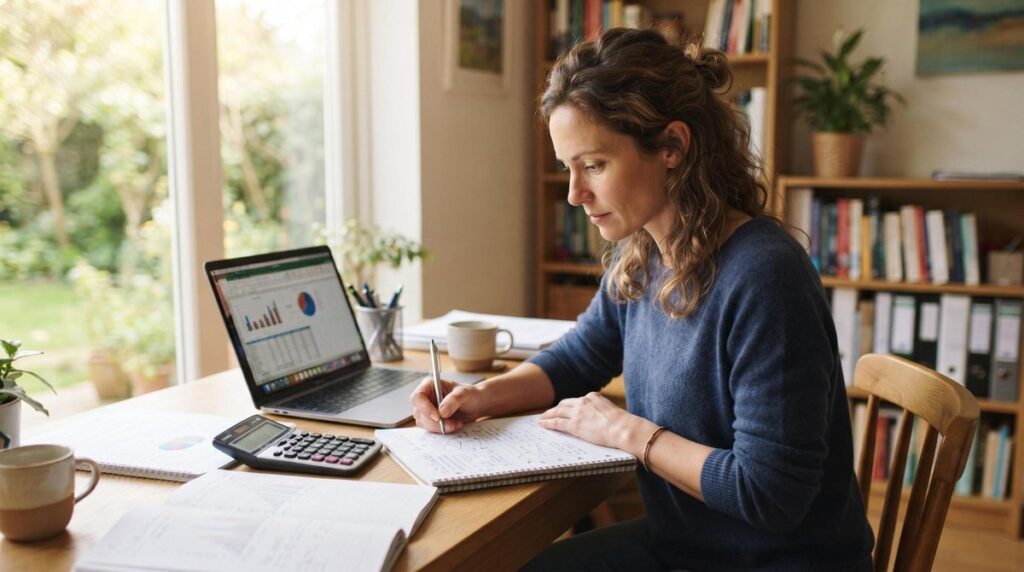 Pessoa adulta sentada à mesa calculando despesas mensais com caderno e celular ao lado