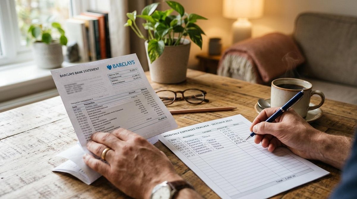 Como planejar finanças ao voltar a estudar depois de anos sem perder o equilíbrio 1 Mãos adultas segurando um extrato bancário enquanto anotam valores em uma planilha de papel sobre uma mesa de madeira, com uma xícara de café ao lado