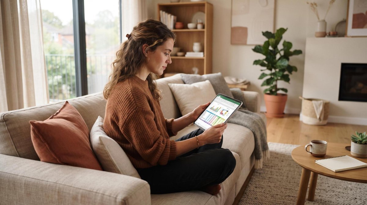 Como planejar finanças ao voltar a estudar depois de anos sem perder o equilíbrio 2 Uma pessoa concentrada revisando uma lista de despesas mensais em uma tablet, com planilhas visíveis na tela, sentada em um sofá confortável em uma sa
