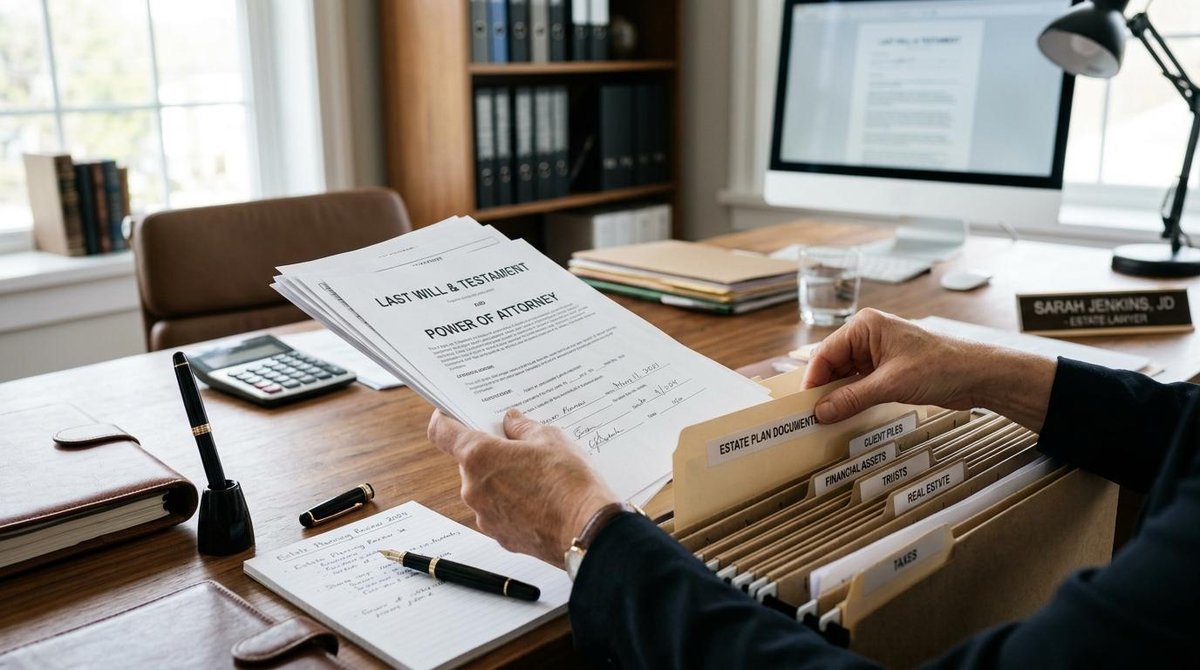 Mãos de uma pessoa adulta organizando documentos e anotações sobre uma mesa de escritório, com canetas e pastas ao lado, em um ambiente profissional e