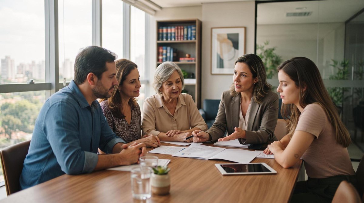 Uma família brasileira reunida em volta de uma mesa com uma advogada, que explica pontos de um documento enquanto todos ouvem com atenção, em um escri
