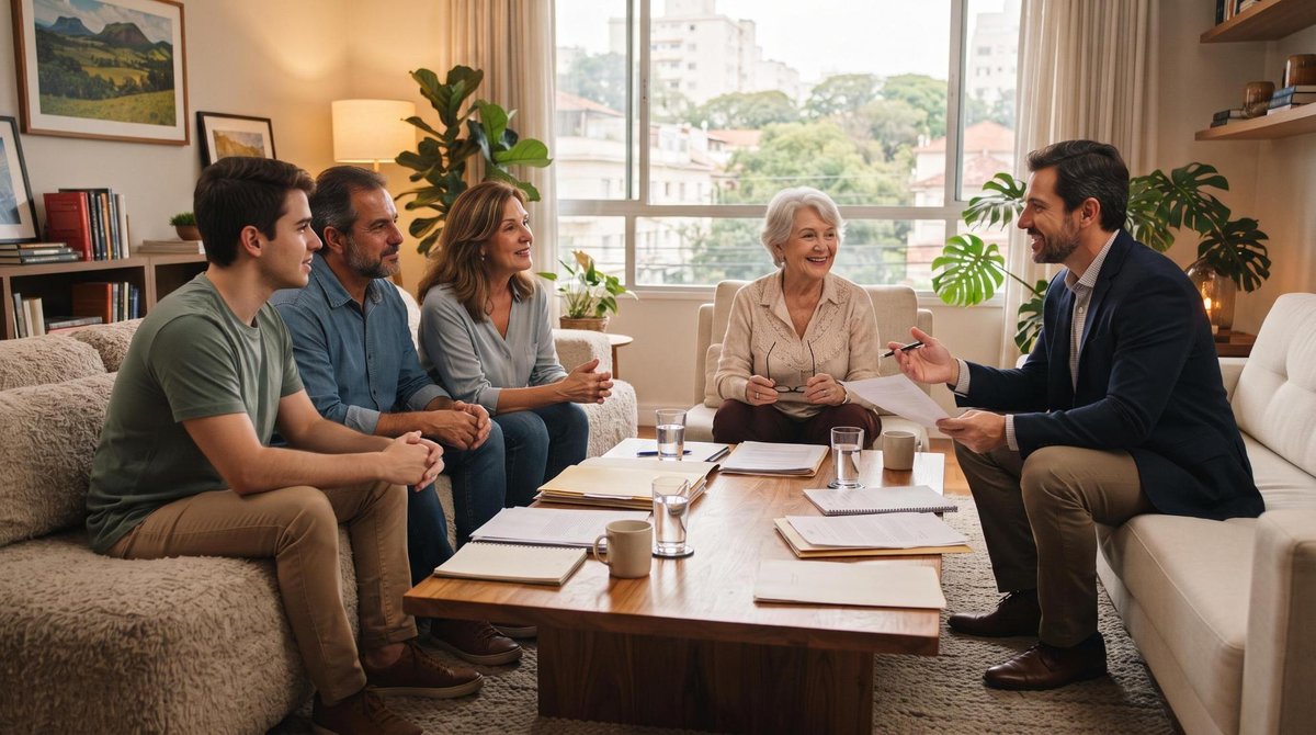 Como receber uma herança sem problemas fiscais: guia com cada etapa do processo 1 Família brasileira reunida em uma sala de estar moderna, conversando com um advogado em um ambiente acolhedor e profissional, com papéis sobre a mesa