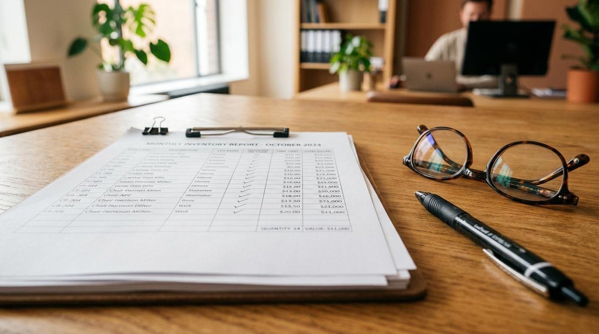 Como receber uma herança sem problemas fiscais: guia com cada etapa do processo 2 Primeiro plano de documentos de inventário sobre uma mesa de madeira, com uma caneta e óculos de leitura ao lado, em um ambiente de escritório limpo e