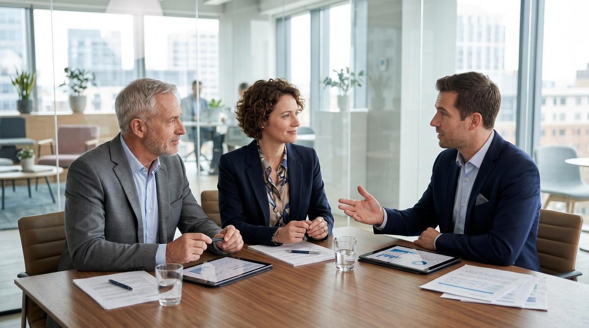 Um casal de profissionais maduros conversando com um consultor financeiro em um escritório moderno, com tablets e documentos sobre a mesa, ambiente co