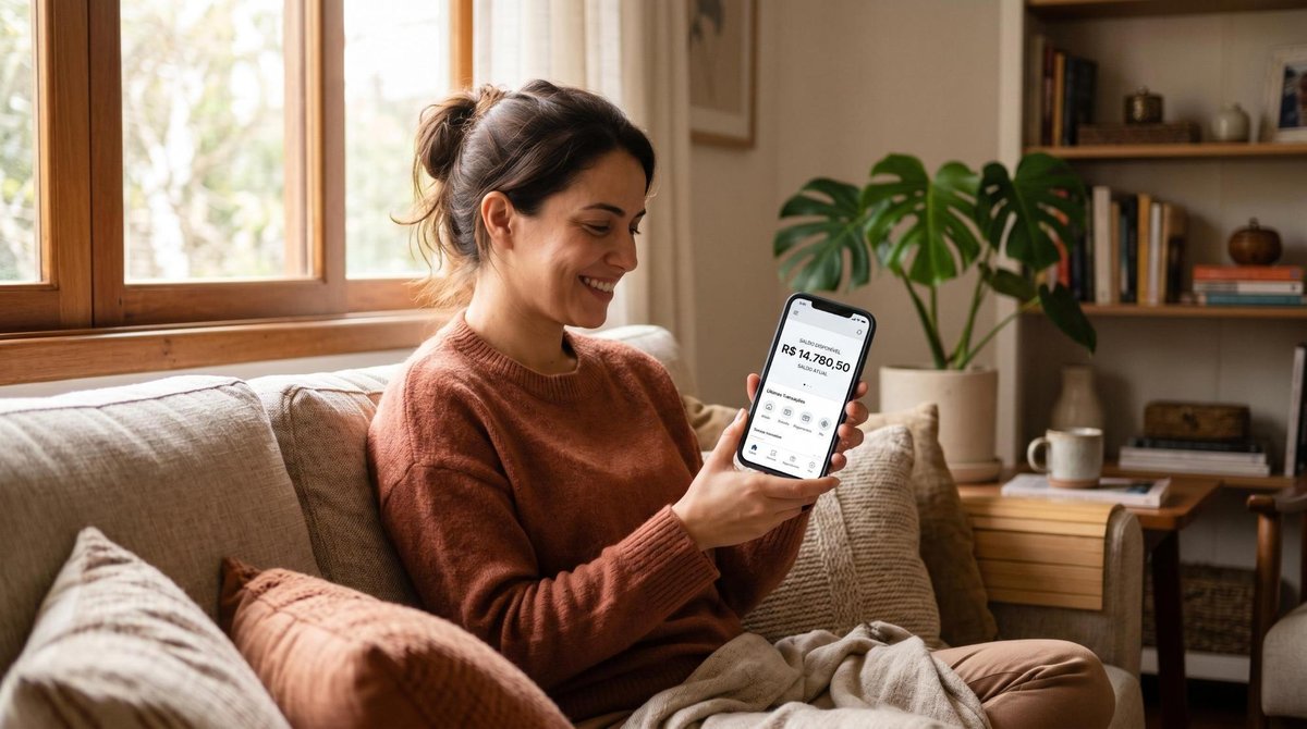 Mulher adulta segurando smartphone com aplicativo bancário aberto, sentada em um ambiente doméstico confortável, com expressão de alívio e satisfação