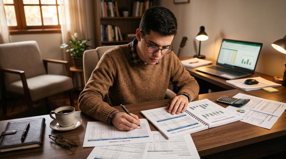 Financiamento estudantil: FIES vs ProUni e como escolher o programa certo para você 1 Um estudante concentrado analisando documentos e planilhas em uma mesa organizada, com um café e óculos ao lado, simbolizando a comparação entre progr