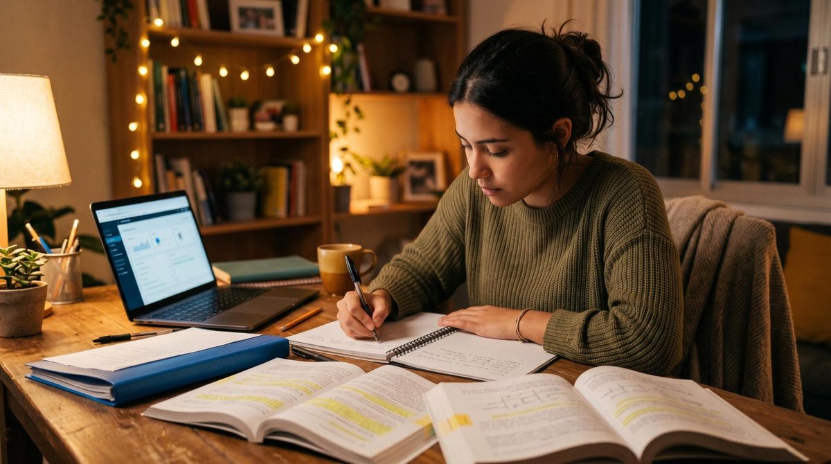 Financiamento estudantil: FIES vs ProUni e como escolher o programa certo para você 2 Uma estudante focada fazendo anotações em um caderno enquanto estuda com livros abertos e um laptop, em um ambiente aconchegante com iluminação quente
