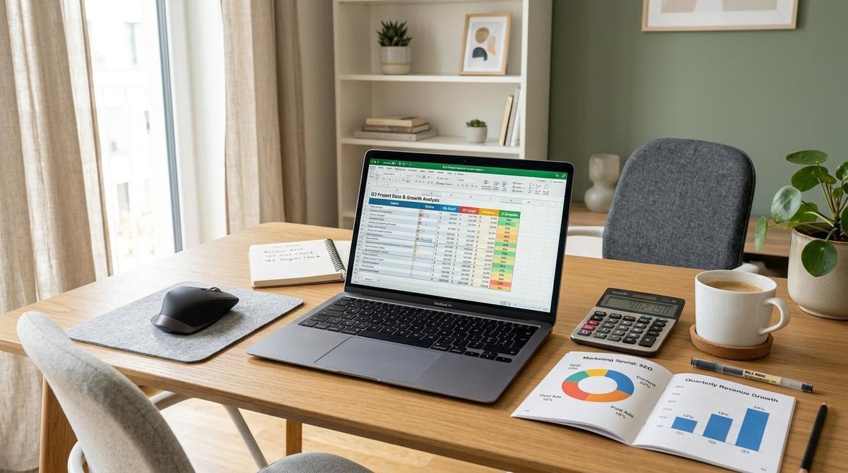 Notebook aberto em uma mesa com planilha eletrônica visível na tela, gráficos de porcentagem e calculadora ao lado, copo de café, ambiente de home off