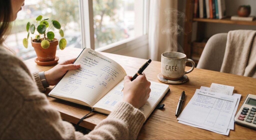 Pessoa escrevendo em um caderno aberto ao lado de uma xícara de café e anotações financeiras
