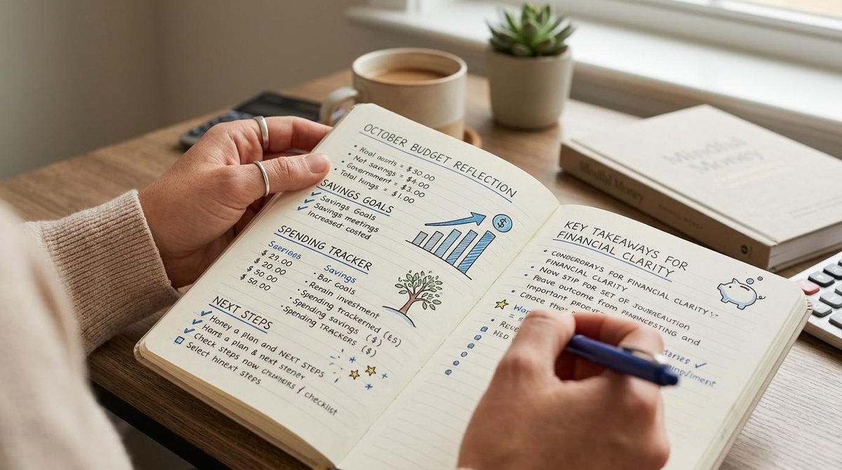 Journaling financeiro: como praticar essa técnica e obter clareza sobre seu dinheiro 1 Mãos femininas segurando uma caneta sobre páginas de diário com anotações manuscritas e pequenos gráficos desenhados, ambiente organizado com tons neu