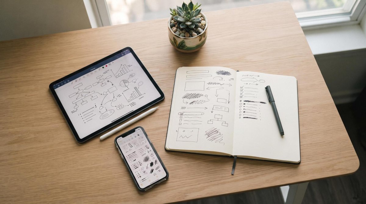 Journaling financeiro: como praticar essa técnica e obter clareza sobre seu dinheiro 2 Vista superior de diferentes ferramentas de organização sobre uma superfície minimalista: um caderno aberto com anotações, um tablet exibindo document