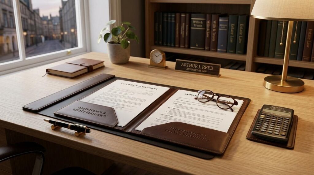 Pessoa consultando documentos de herança em uma mesa com papéis e caneta