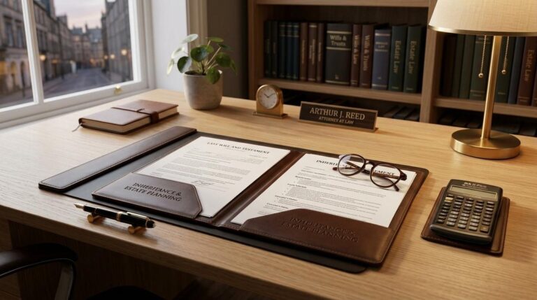 Pessoa consultando documentos de herança em uma mesa com papéis e caneta