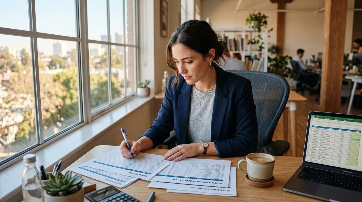 Pessoa sentada em uma mesa de escritório moderno, analisando documentos de inventário com atenção, com uma xícara de café ao lado e iluminação natural