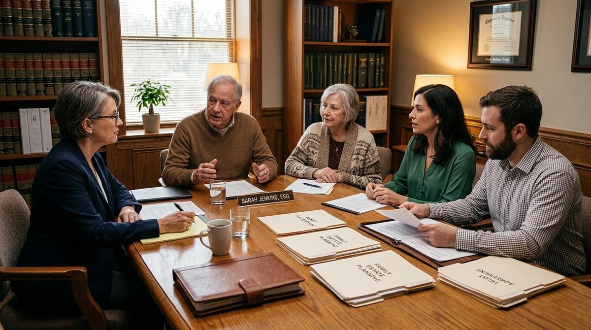 Família reunida em um escritório de advocacia acolhedor, conversando com um advogado sobre a divisão de bens, com documentos e pastas sobre a mesa de