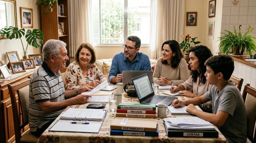 Pessoa analisando documentos patrimoniais e anotando informações sobre seus bens em uma mesa de trabalho