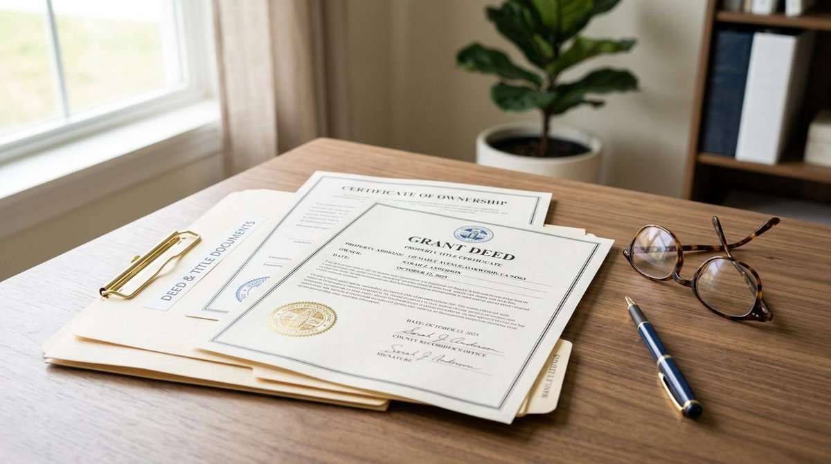 Primeiro plano de documentos de propriedade de imóvel e certificados organizados sobre uma mesa de escritório limpa, com uma caneta e óculos de leitur