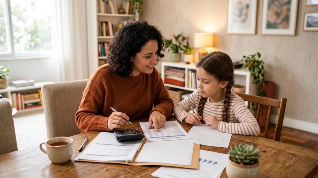 Previdência infantil vale a pena? O que avaliar antes de investir para seu filho 4 Pessoa adulta e criança sentadas à mesa analisando documentos de planejamento financeiro infantil