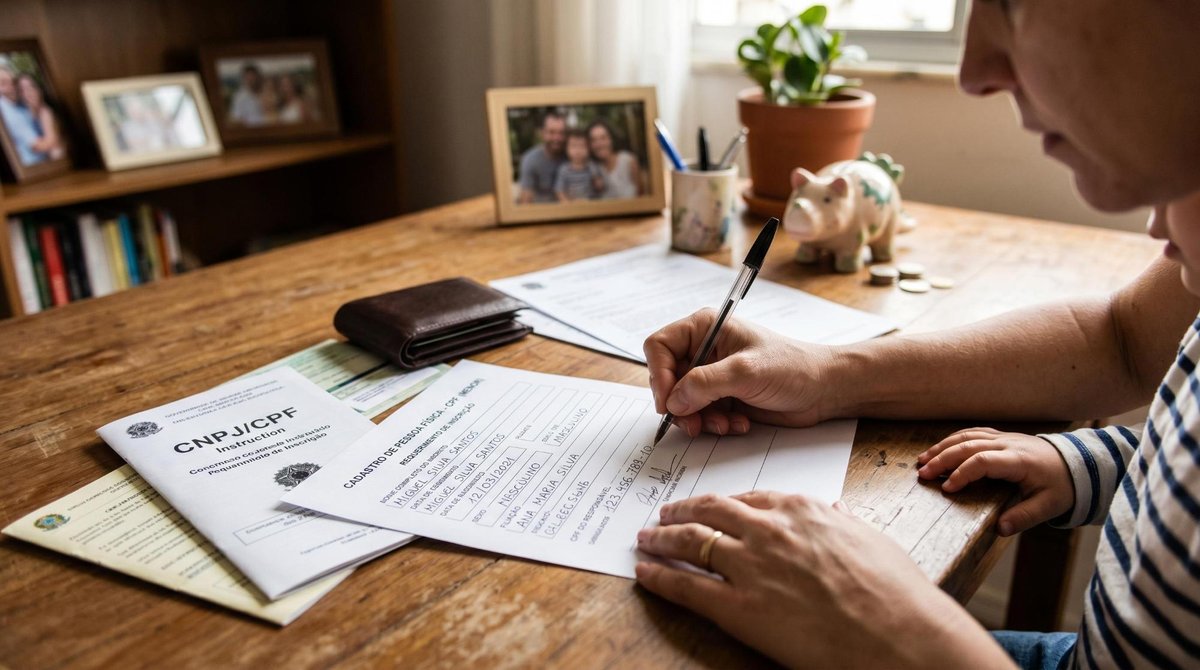 Mãos de um adulto preenchendo um formulário de CPF para uma criança pequena, simbolizando o início do planejamento financeiro familiar