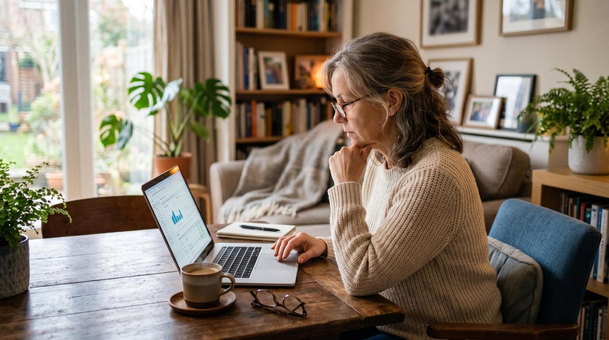 Tempo de contribuição para aposentadoria em 2026: regras de transição e o que muda 1 Uma mulher madura concentrada usando um laptop em uma sala de estar aconchegante, com uma xícara de café ao lado, simbolizando a consulta de informaçõ
