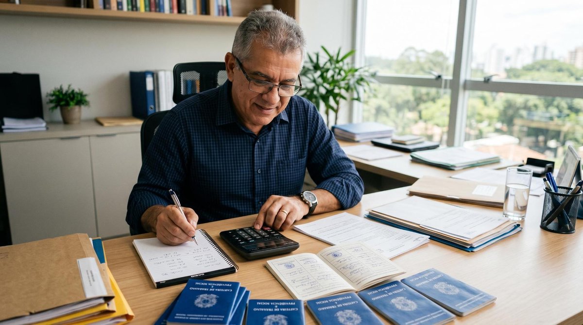 Tempo de contribuição para aposentadoria em 2026: regras de transição e o que muda 2 Um homem experiente usando uma calculadora enquanto organiza documentos de carteira de trabalho em uma mesa de escritório clara, ilustrando o cálculo