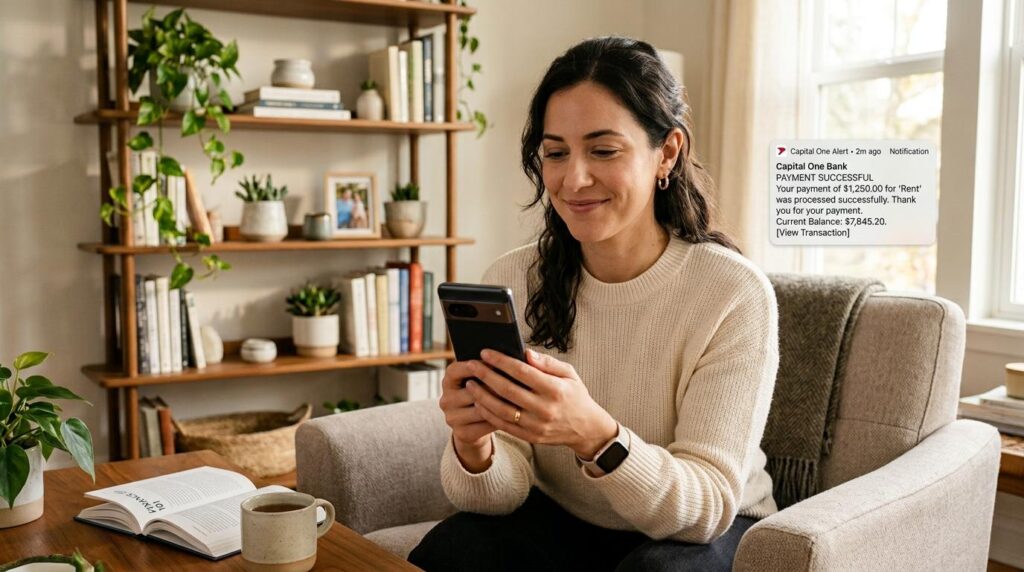 Como configurar alertas de saldo baixo e evitar taxas e surpresas na sua conta 1 Pessoa verificando notificação de saldo baixo no celular com aplicativo bancário aberto