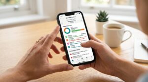 Mãos de uma pessoa segurando um smartphone com um aplicativo bancário aberto na tela exibindo funcionalidades de controle de gastos e alertas de consu
